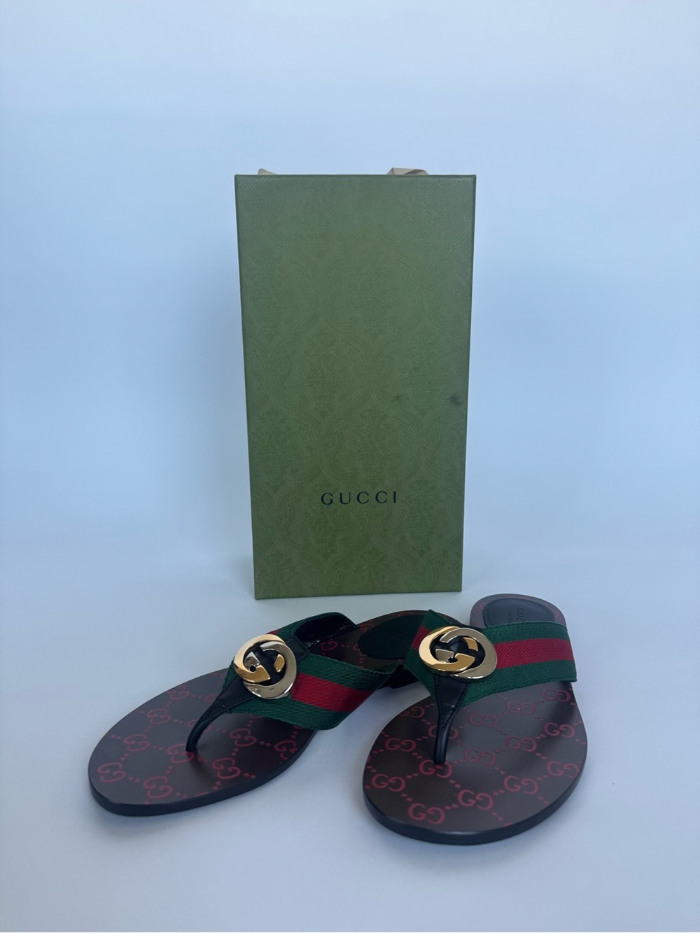 Gucci Black Sandals with Green and Red Web Stripe and Gold GG